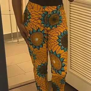 WEST AFRICAN_HANDMADE Vibrant Yellow and Blue Patterned Women's Pants
